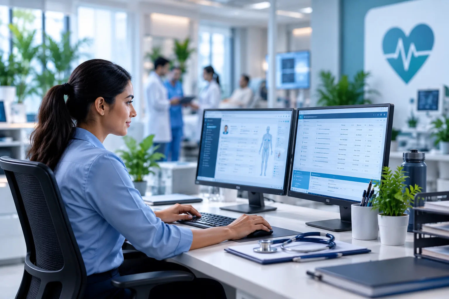 Medical coding learners in a polished professional classroom environment